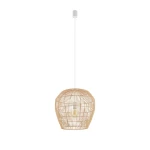 Lampa wisząca Haiti S z białym mocowaniem, wykonana z naturalnych materiałów, o okrągłym kształcie z plecionką. Zawieszona na białym przewodzie, przeznaczona na żarówkę E27. Prosta forma idealna do nowoczesnych wnętrz.