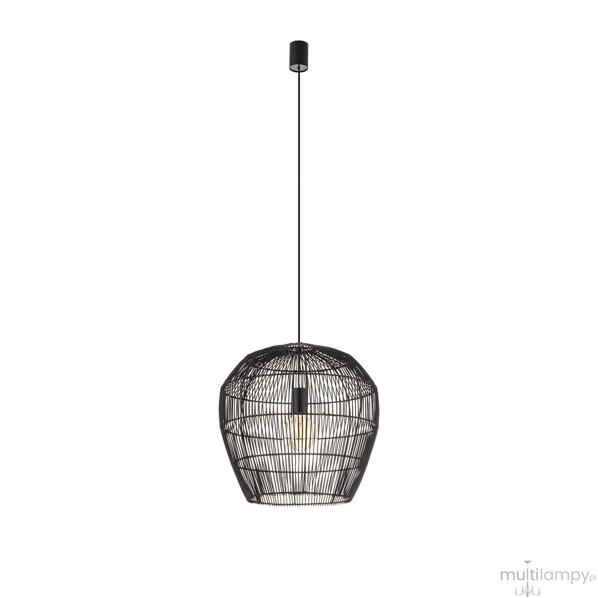 Lampa wisząca Haiti Black S w kolorze czarnym, z kloszem wykonanym z cienkich metalowych prętów, w kształcie owalnym. Zawieszona na długim kablu, przeznaczona na jedną żarówkę E27. Prosty, nowoczesny design, idealna do aranżacji wnętrz.