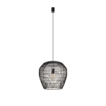 Lampa wisząca Haiti Black S w kolorze czarnym, z kloszem wykonanym z cienkich metalowych prętów, w kształcie owalnym. Zawieszona na długim kablu, przeznaczona na jedną żarówkę E27. Prosty, nowoczesny design, idealna do aranżacji wnętrz.
