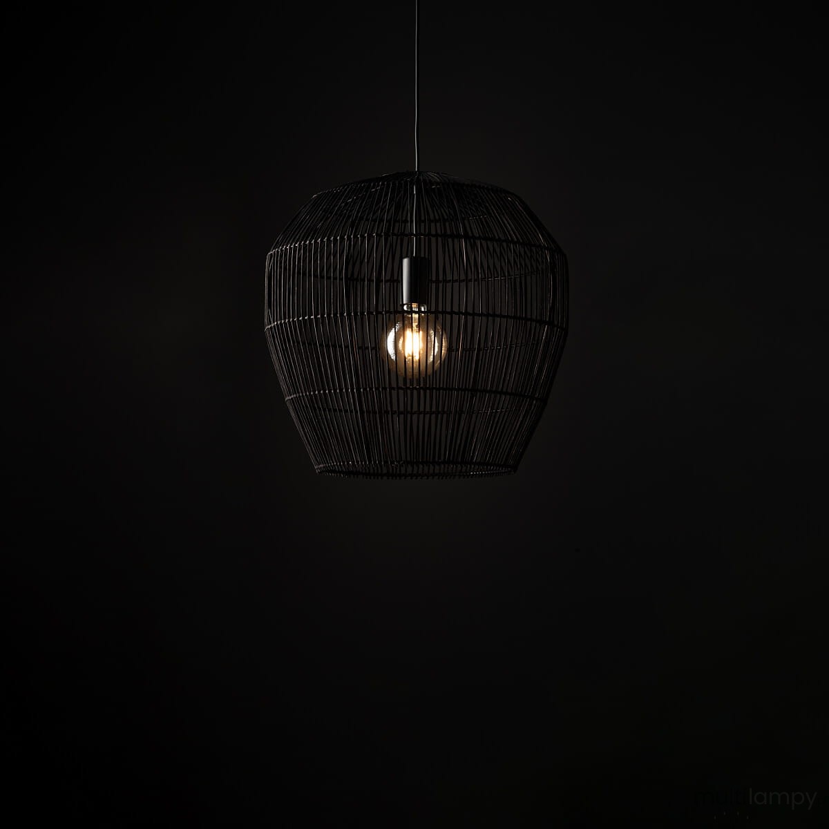 Lampa wisząca Haiti Black S, czarna, o zaokrąglonym kształcie, wykonana z metalowego drutu. Zawiera jedno miejsce na żarówkę E27. Produkt zawieszony w powietrzu, na jednolitym, ciemnym tle.