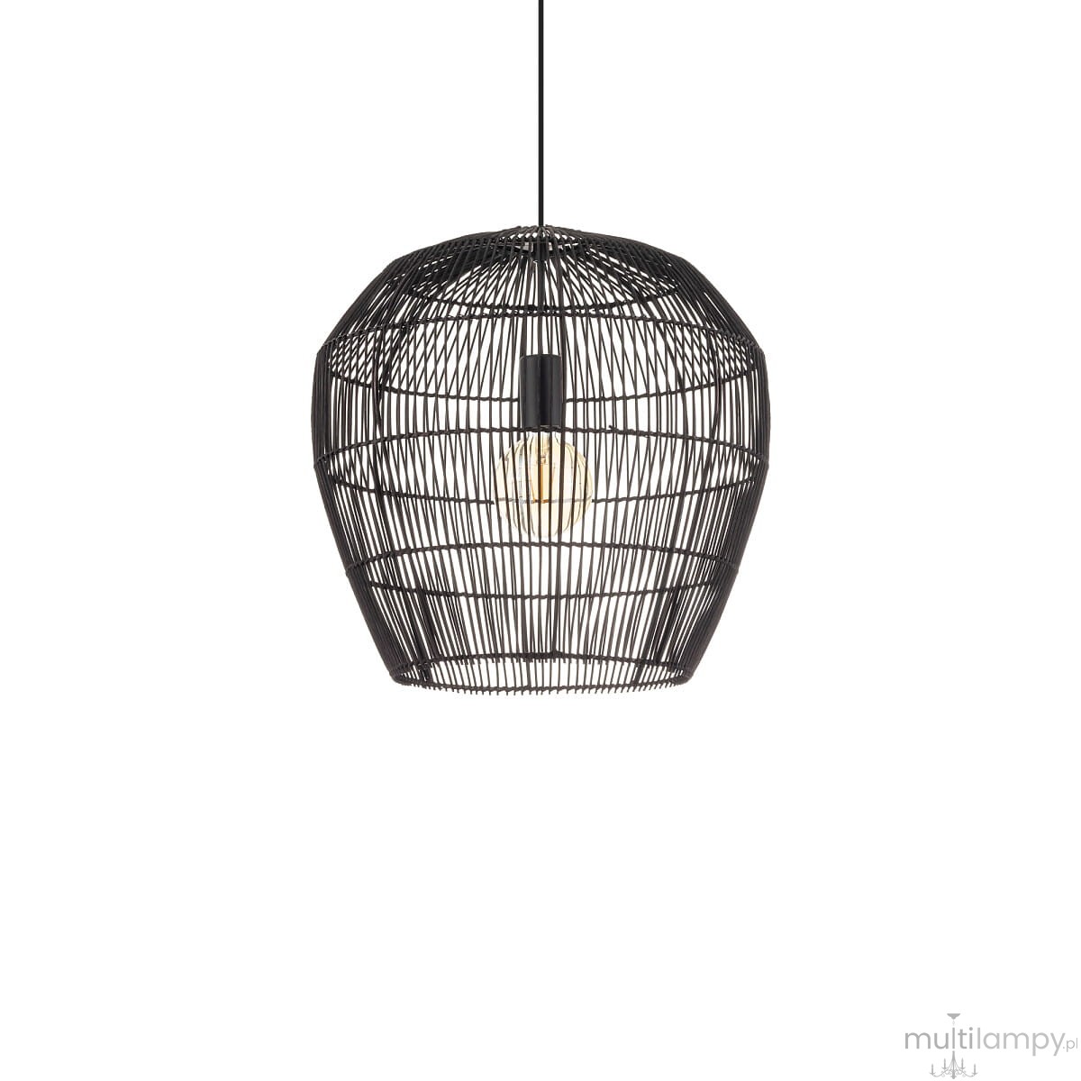 Lampa wisząca Haiti Black S w kolorze czarnym, wykonana z metalowych prętów, o okrągłym kształcie. Zawiera miejsce na żarówkę E27, zwisająca na cienkim kablu. Produkt prezentowany na białym tle.