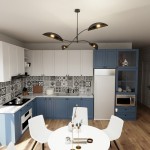 Czarna lampa sufitowa Lotus 4-punktowa z złotymi kloszami, zawieszona w kuchni. Klosze mają opływowy kształt, a lampa umieszczona jest na długim, metalowym ramieniu. Tło to nowoczesne meble w odcieniach bieli i niebieskiego z dekoracyjną kafelkową ścianą.