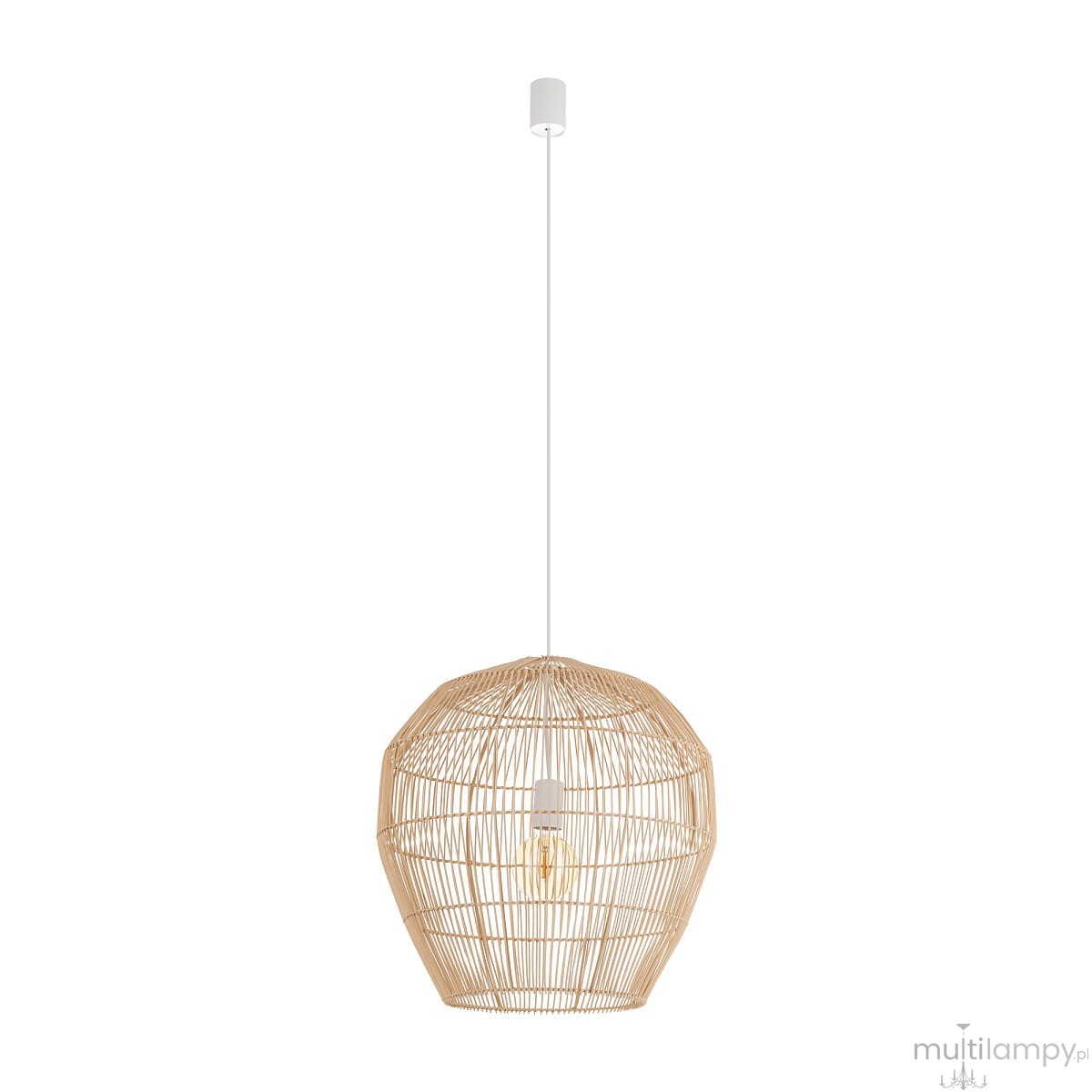 Lampa wisząca Haiti M z białym metalowym mocowaniem, z naturalnym, plecionym kloszem w kształcie ośmiokąta. Produkt zawiera miejsce na żarówkę E27. Lampa zawieszona na białym przewodzie, na jednolitym tle.