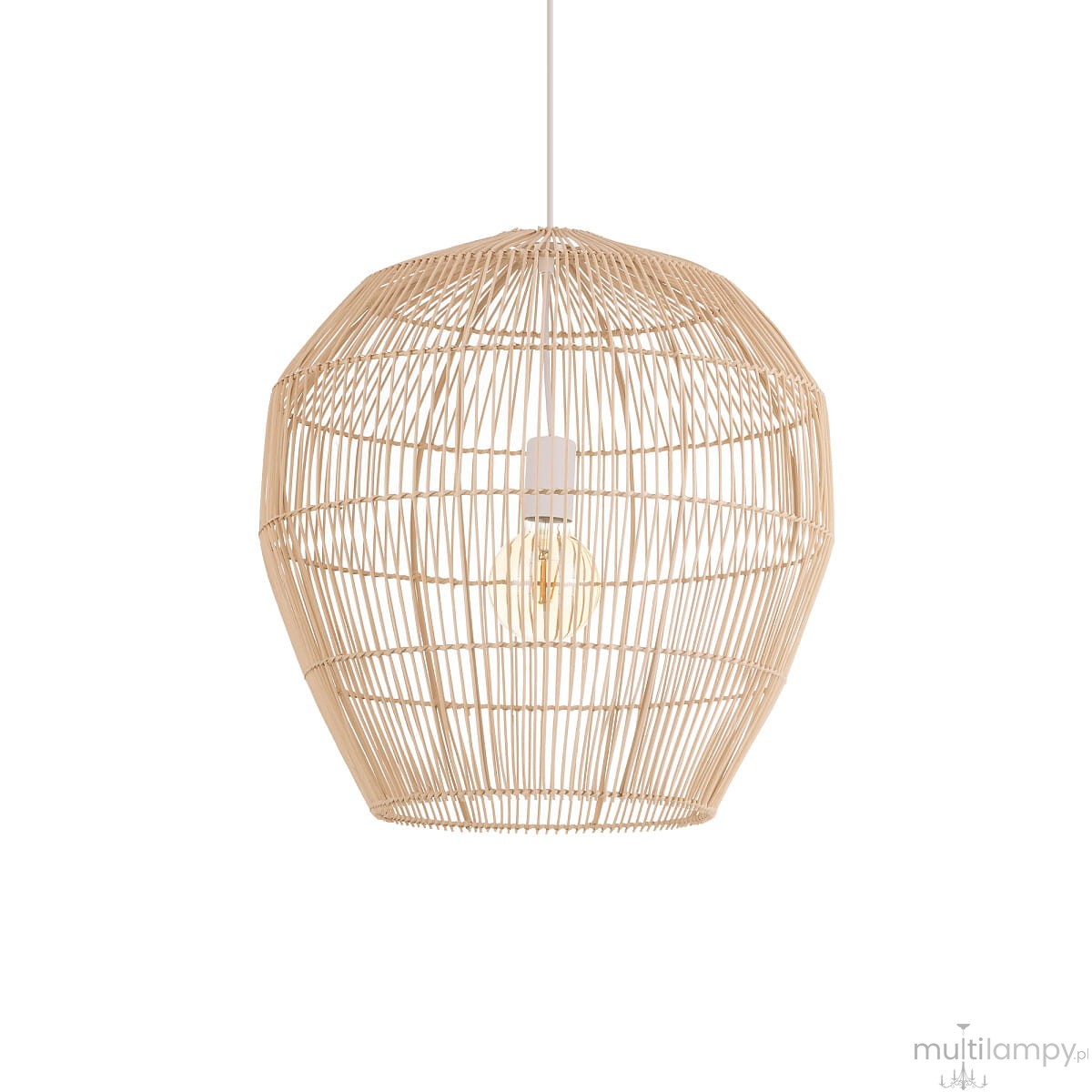 Lampa wisząca Haiti M z materiału naturalnego, w kolorze białym i jasnobrązowym, o okrągłym kształcie z widoczną żarówką E27. Zawieszona na białym przewodzie, z delikatnym, plecionym wzorem, w stylu skandynawskim.
