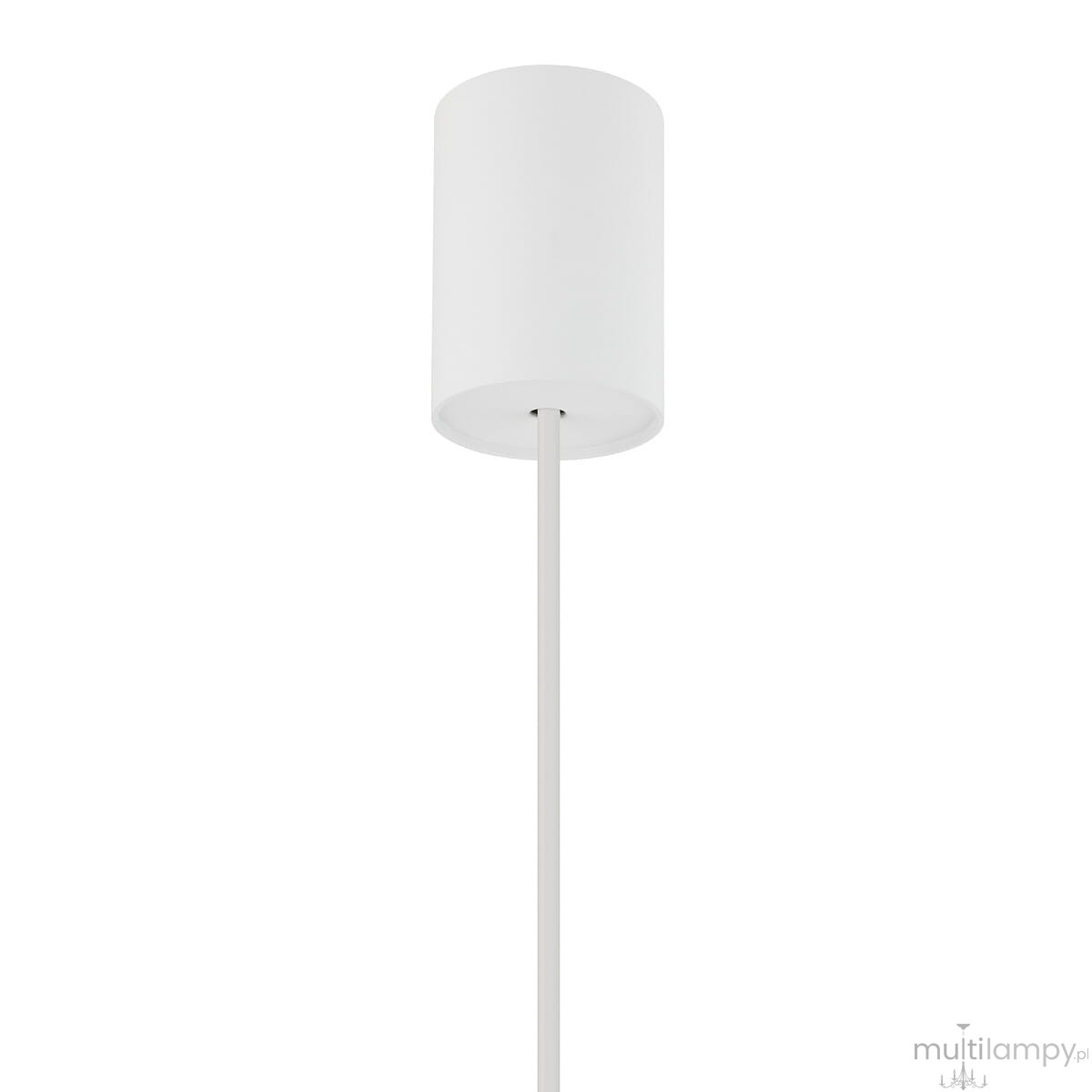 Biała lampa wisząca Haiti M z oprawą w kształcie cylindrycznym, zawieszona na cienkim, białym przewodzie. Prosty design, idealna do nowoczesnych wnętrz. Widoczny uchwyt do mocowania.