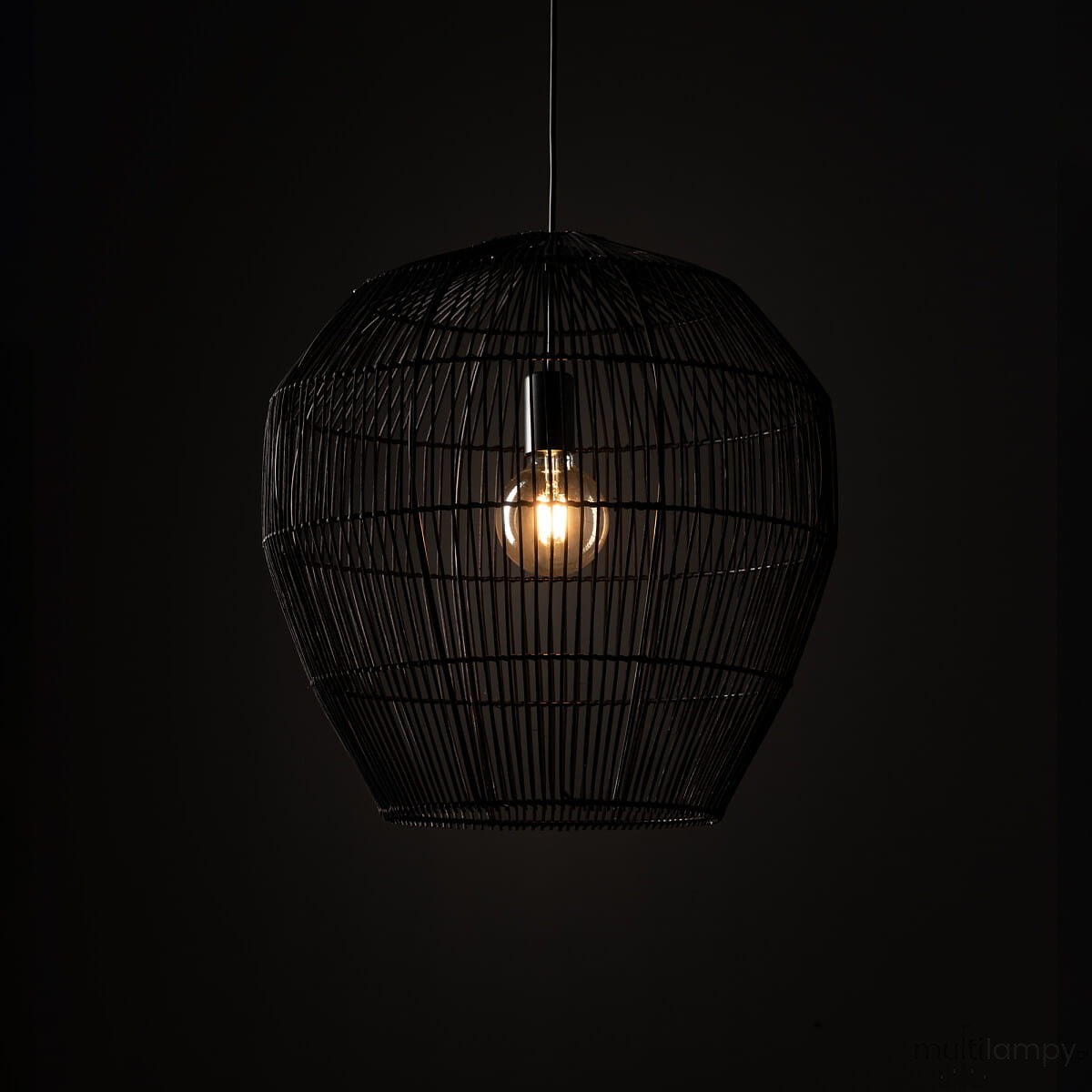 Lampa wisząca Haiti Black M w czarnym kolorze, wykonana z cienkich prętów, o kształcie owalnym. Widoczna żarówka E27 w centralnej części, zawieszona na cienkim kablu, na ciemnym tle, podkreślająca minimalistyczny design.