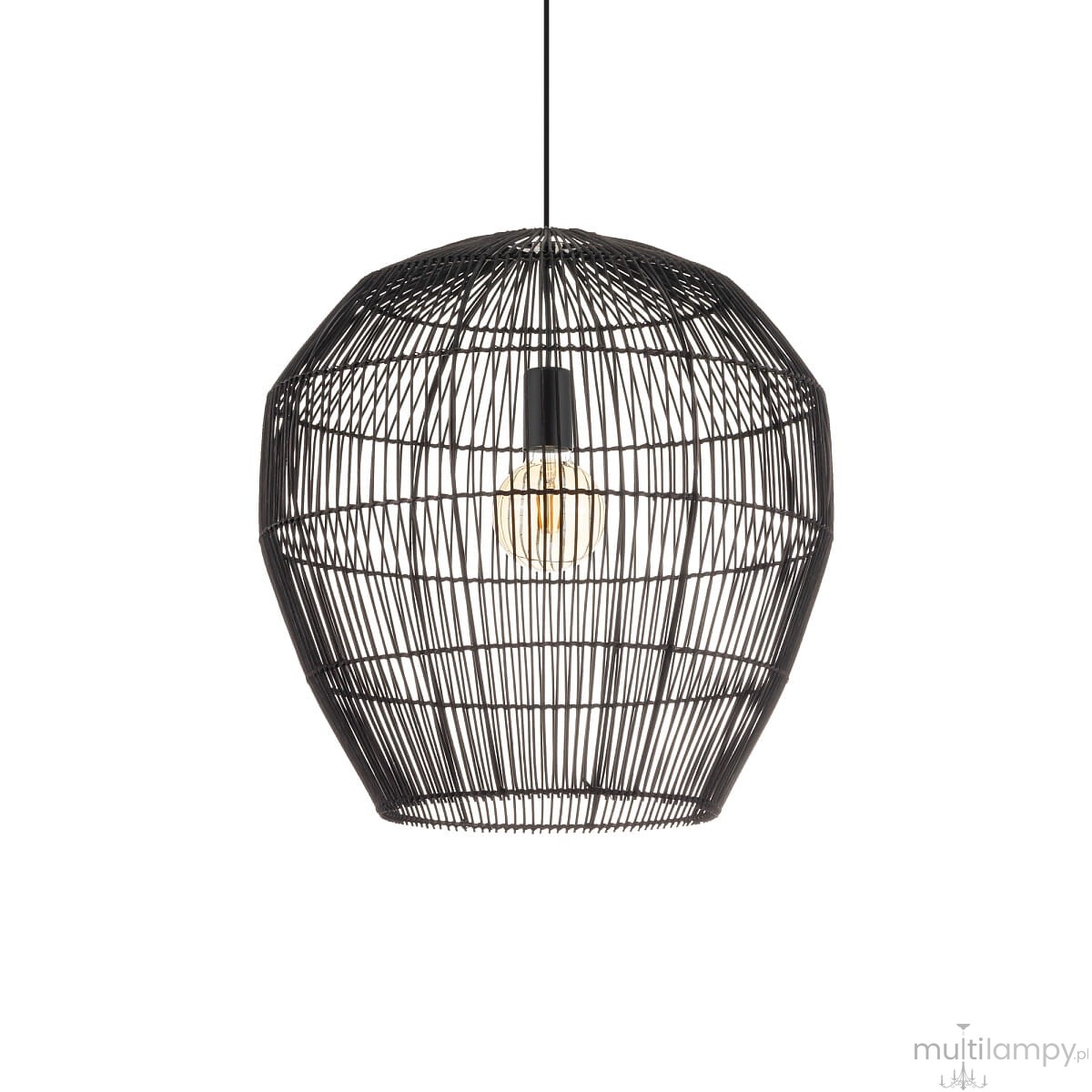 Czarna lampa wisząca Haiti Black M z metalowej siatki, w kształcie owalnym, z miejscem na jedną żarówkę E27. Zawieszona na cienkim przewodzie, z wyeksponowanym źródłem światła w środku. Idealna do nowoczesnych wnętrz.