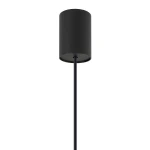 Czarna lampa wisząca Haiti Black M z oprawą na żarówkę E27. Okrągła, matowa obudowa z metalowym przewodem. Ujęcie frontalne, produkt zawieszony, minimalistyczny design, stonowany kolor, idealny do nowoczesnych wnętrz.