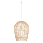 Lampa wisząca Haiti L z naturalnego rattanu w jasnym kolorze, o kształcie stożkowatym. Zawieszona na białym przewodzie, z gniazdem E27 w środku. Idealna do nowoczesnych wnętrz, tworzy przytulną atmosferę.