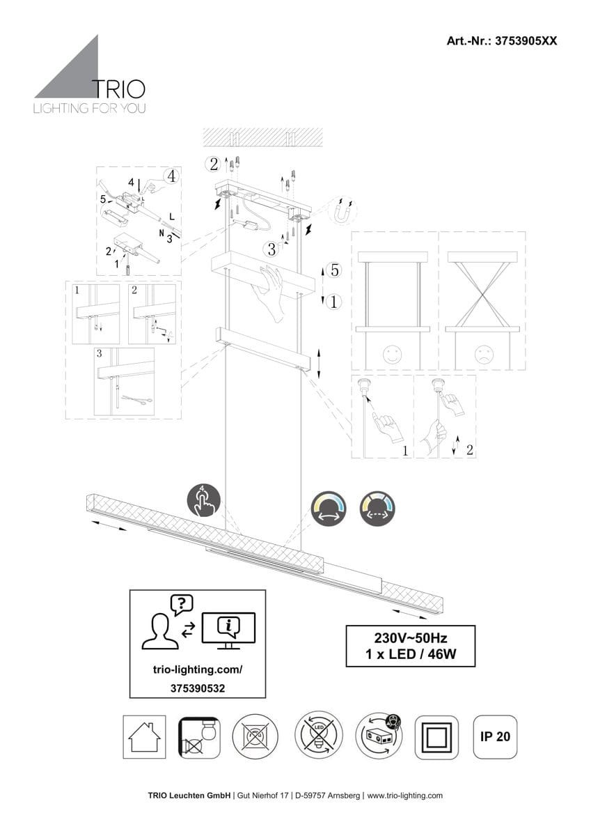 Lampa wisząca Trajan z trzema źródłami LED o mocy 45W, w kolorze białym z jasnym drewnem. Ujęcie frontalne, zawieszona na cienkich linkach. Prosty, nowoczesny design, idealna do aranżacji wnętrz. Wymiary i szczegóły montażowe widoczne w instrukcji.
