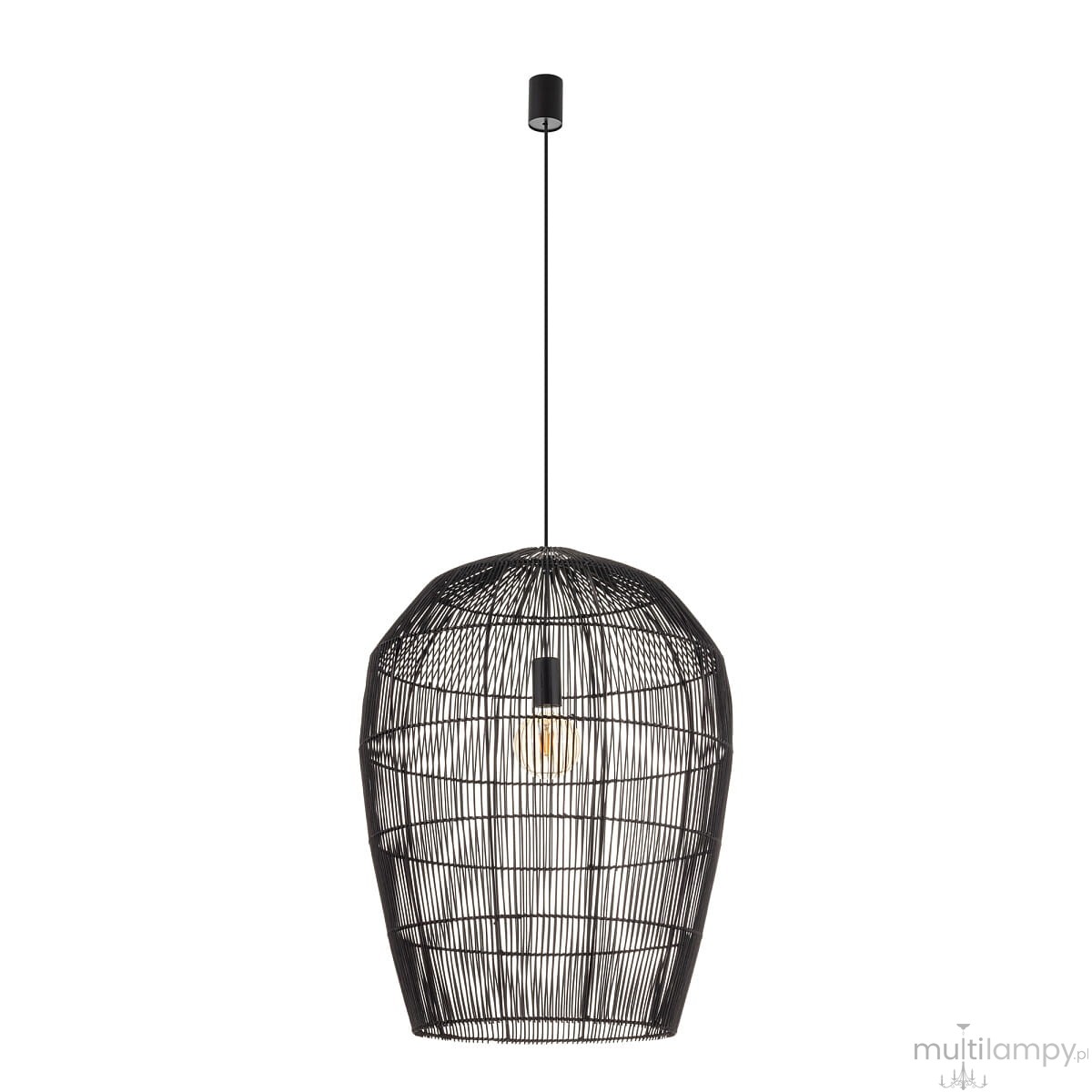 Lampa wisząca Haiti Black w kolorze czarnym, wykonana z cienkiego drutu, o kształcie owalnym. Posiada miejsce na jedną żarówkę E27, zawieszona na długim kablu. Tło zdjęcia jest jasne, co podkreśla elegancki design lampy.