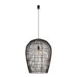 Lampa wisząca Haiti Black w kolorze czarnym, wykonana z cienkiego drutu, o kształcie owalnym. Posiada miejsce na jedną żarówkę E27, zawieszona na długim kablu. Tło zdjęcia jest jasne, co podkreśla elegancki design lampy.