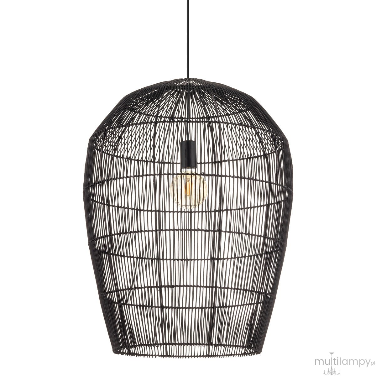 Lampa wisząca Haiti Black L z czarnym, metalowym kloszem o kształcie owalnym, wykonanym z cienkich prętów. Zawiera jedno miejsce na żarówkę E27, wisi na czarnym przewodzie. Idealna do nowoczesnych aranżacji wnętrz.