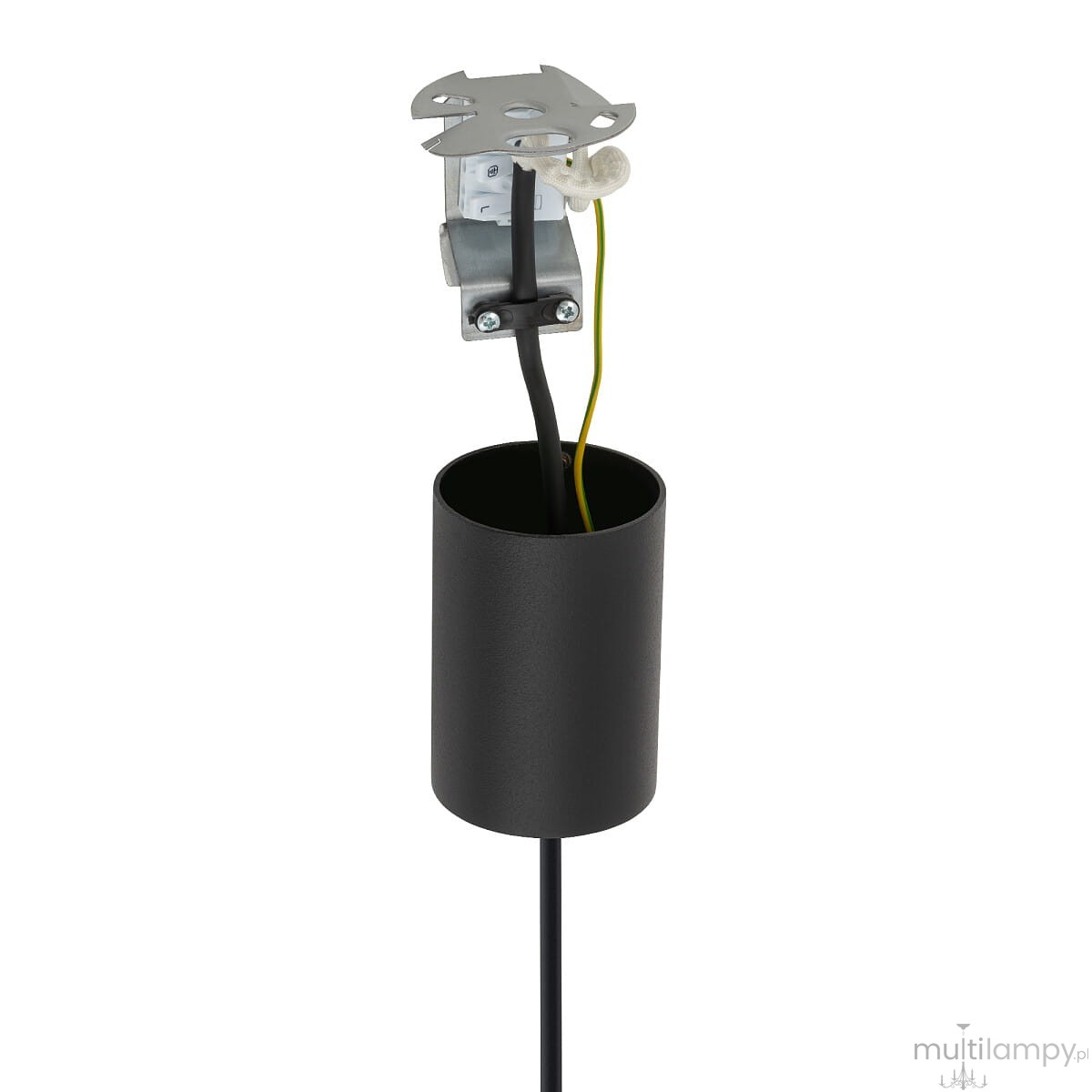 Czarna lampa wisząca Haiti Black L z oprawą na jedną żarówkę E27. Zawieszenie z okrągłym, matowym kloszem, z widocznymi przewodami. Ujęcie z boku, pokazujące górną część lampy oraz mocowanie.