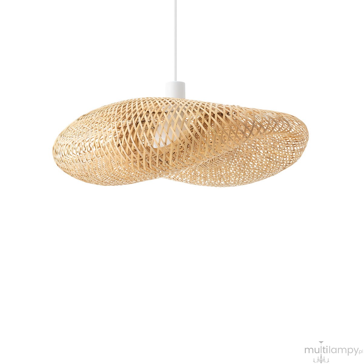 Lampa wisząca Havana M z materiału naturalnego, w kształcie organicznej formy, w kolorze białym i naturalnym. Widoczny klosz z plecionki, zawieszony na białym przewodzie. Idealna do nowoczesnych aranżacji wnętrz.