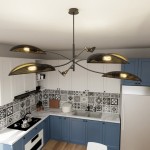 Lotus lampa sufitowa 6-punktowa w kolorze czarnym i złotym, z pięcioma kloszami w kształcie liści, zawieszona w kuchni z białymi szafkami i dekoracyjnym kafelkiem na ścianie. Klosze wykonane z siatki metalowej, stylowy design.