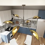 Lampa sufitowa Lotus 6-punktowa w kolorze czarnym i złotym, z sześcioma asymetrycznymi kloszami w kształcie liści. Zawieszona w kuchni, w stylowym otoczeniu z niebieskimi szafkami i wzorzystymi kafelkami.