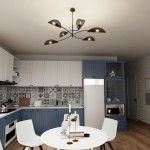 Czarna lampa sufitowa Lotus 6-punktowa z złotymi detalami, zawieszona na suficie. Wyposażona w sześć kloszy w kształcie liści, rozświetlających przestrzeń kuchenną. W tle białe i niebieskie meble oraz wzorzysta płytka.