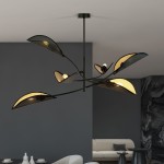 Czarna lampa sufitowa Lotus 6-punktowa z elementami złotymi, o kształcie liści, zawieszona na cienkim stelażu. Posiada sześć kloszy w formie liści, które emitują światło, umieszczona w nowoczesnym wnętrzu.