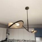 Czarna lampa sufitowa 2-punktowa Lotus z rattanowymi kloszami, zamontowana na długim stelażu. Widoczna z góry, ukazująca dwa asymetrycznie umiejscowione klosze w kształcie liści, w tle jasne meble kuchenne.