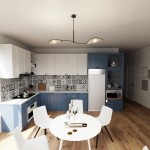 Czarna lampa sufitowa dwupunktowa z rattanowymi kloszami, zawieszona w nowoczesnej kuchni. Oświetlenie ma subtelny kształt i jest zamontowane na cienkim stelażu. Otoczenie obejmuje jasne meble kuchenne w odcieniach bieli i niebieskiego.