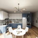 Czarna lampa sufitowa Lotus 4-punktowa z rattanowymi abażurami, zamontowana centralnie w kuchni. Oświetlenie rozprzestrzenia się na jasne meble i wzorzystą płytkę ceramiczną, tworząc nowoczesny akcent w aranżacji wnętrza.