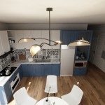 Czarna lampa sufitowa 4-punktowa Lotus z rattanowymi kloszami, zawieszona na długim stelażu, w kuchni z niebieskimi szafkami, białym blatem i drewnianą podłogą. Oświetlenie skierowane na stół i otoczenie.