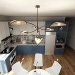 Lampa sufitowa Lotus 6-punktowa w kolorze czarnym z rattanowymi kloszami w kształcie serca. Zawieszona w kuchni, na tle niebieskich szafek i białych ścian. Rozłożona na cienkich ramionach, emitująca ciepłe światło.