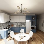 Lampa sufitowa Lotus 6-punktowa w kolorze czarnym z elementami rattanowymi, zawieszona na prostym stelażu. Oświetlenie rozchodzi się z sześciu kloszy w kształcie liści, w nowoczesnej kuchni z niebieskimi i białymi meblami.