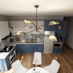Lampa sufitowa Lotus 6-punktowa w kolorze czarnym z elementami rattanowymi, z wiszącymi kloszami w kształcie liści. Ujęcie z góry, ukazujące lampę nad okrągłym stołem w nowoczesnej kuchni z niebieskimi szafkami.