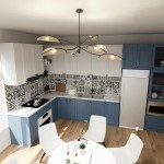 Lampa sufitowa Lotus 6-punktowa w kolorze czarnym z elementami rattanowymi, wisząca z ośmioma kloszami w kształcie liści, zamontowana w kuchni z niebieskimi szafkami i biało-szarym backsplashiem.