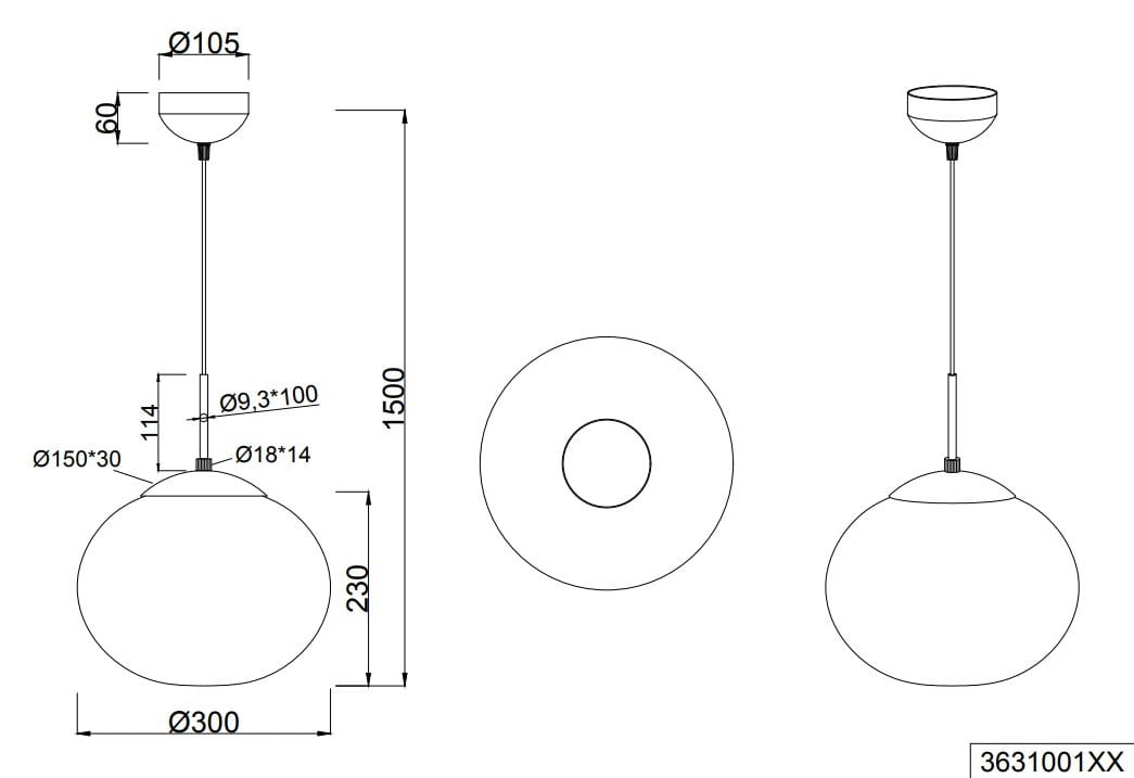 Lampa wisząca Fomento D30 z mosiężnym wykończeniem i białą kloszem. Okrągły, szklany klosz o średnicy 30 cm, zawieszony na cienkim przewodzie. Wysokość całkowita 150 cm, z minimalistycznym, nowoczesnym designem.