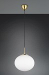 Lampa wisząca Fomento D30 z kloszem w kształcie kuli, wykonana z białego szkła i mosiężnymi elementami. Zawieszona na cienkim czarnym przewodzie, montowana sufitowo. Elegancki design, idealna do nowoczesnych wnętrz.