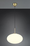 Lampa wisząca Fomento D40 z mosiężnym wykończeniem i białym, okrągłym kloszem, zawieszona na cienkim czarnym przewodzie. Kąt ujęcia frontalny, lampa w pozycji wiszącej, na ciemnym tle.