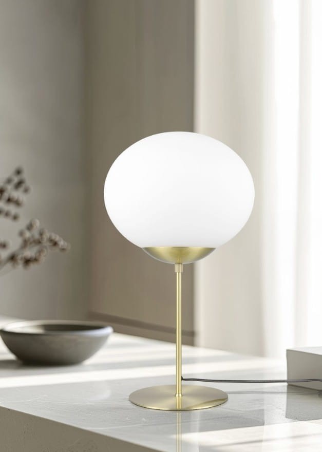 Lampa stołowa Fomento z mosiężną podstawą i białym, okrągłym kloszem. Ujęcie z przodu, stojąca na jasnym blacie. Widoczne przewody. Prosta forma, elegancki design, idealna do nowoczesnych wnętrz.