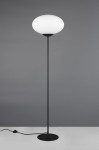 Fomento lampa podłogowa z czarną metalową podstawą i prostym, okrągłym kloszem w kolorze białym. Ustawiona w pionie, z widocznym kablem z włącznikiem. Idealna do nowoczesnych wnętrz.