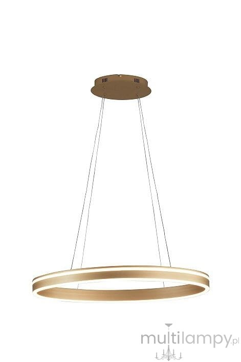 Lampa wisząca Vivies 1xLED/36W w kolorze złotym, o owalnym kształcie. Zawieszona na cienkich linkach, z okrągłym stropem. Prosta i nowoczesna konstrukcja, idealna do różnych wnętrz.