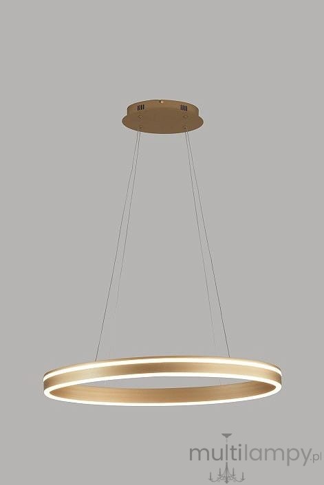Lampa wisząca Vivies 1xLED/36W w kolorze złotym, o okrągłym kształcie. Zawieszona na cienkich linkach, z centralnym, okrągłym mocowaniem sufitowym. Emituje ciepłe światło, idealna do nowoczesnych wnętrz.