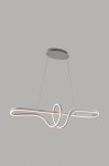 Szara lampa wisząca Trevance z jedną diodą LED o mocy 72W. Kształt lampy składa się z falistej linii, która tworzy elegancką pętlę. Montaż sufitowy, zawieszona na cienkich linkach, na jednolitym tle.