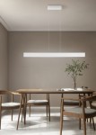 Lampa wisząca Galway w kolorze szarym z jednym źródłem LED o mocy 35W, zawieszona nisko nad drewnianym stołem w minimalistycznym wnętrzu. Lampa ma prostokątny kształt i jest zawieszona na cienkich linkach. W tle widać zieloną roślinę w doniczce.
