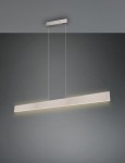 Lampa wisząca Galway w kolorze niklowym, z prostokątną, minimalistyczną obudową. Zawieszona na cienkich linkach, emituje ciepłe światło LED o mocy 35W. Ujęcie z przodu, na jednolitym tle, podkreśla nowoczesny design.