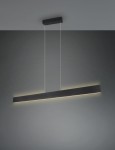 Lampa wisząca Galway w kolorze czarnym, z jedną diodą LED o mocy 35W. Posiada prostokątną, smukłą konstrukcję zawieszoną na cienkich linkach, z subtelnym podświetleniem na krawędzi. Montaż sufitowy. Tło szare, minimalistyczne.