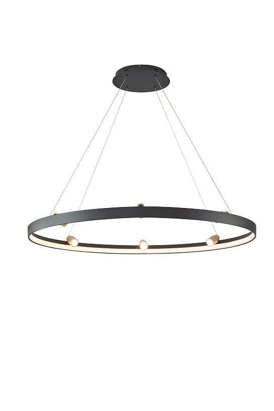 Lampa wisząca Pignano 7xLED/54W w kolorze czarnym i złotym, o okrągłym kształcie. Zawieszona na cienkich linkach, z widocznymi diodami LED wzdłuż krawędzi. Ujęcie z dołu, na jednolitym tle.