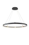 Lampa wisząca Pignano 7xLED/54W w kolorze czarnym i złotym, o okrągłym kształcie. Zawieszona na cienkich linkach, z widocznymi diodami LED wzdłuż krawędzi. Ujęcie z dołu, na jednolitym tle.