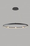 Lampa wisząca Pignano w kolorze czarnym i złotym, z siedmioma źródłami LED, o okrągłej formie. Zawieszona na cienkich linkach, z białą oprawą wzdłuż krawędzi, montowana sufitowo. Prosta konstrukcja, nowoczesny design.