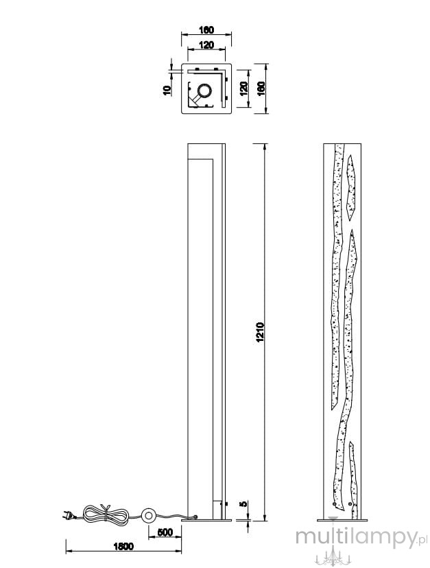 Lampa podłogowa Karuni w kolorze czarnym z jasnym drewnem, o wysokości 121 cm i szerokości 10 cm. Prosty, prostokątny kształt z dekoracyjnym wzorem na boku. Zastosowanie żarówki E27. Kabel z włącznikiem na długości 1,8 m.