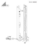 Lampa podłogowa Karuni z miejscem na jedną żarówkę E27, w kolorze czarnym z jasnym drewnem. Widoczny schemat montażu z trzema gniazdami na żarówki oraz przewodem z włącznikiem. Produkt w pozycji stojącej, ukazujący detale konstrukcji i elementy mocujące.