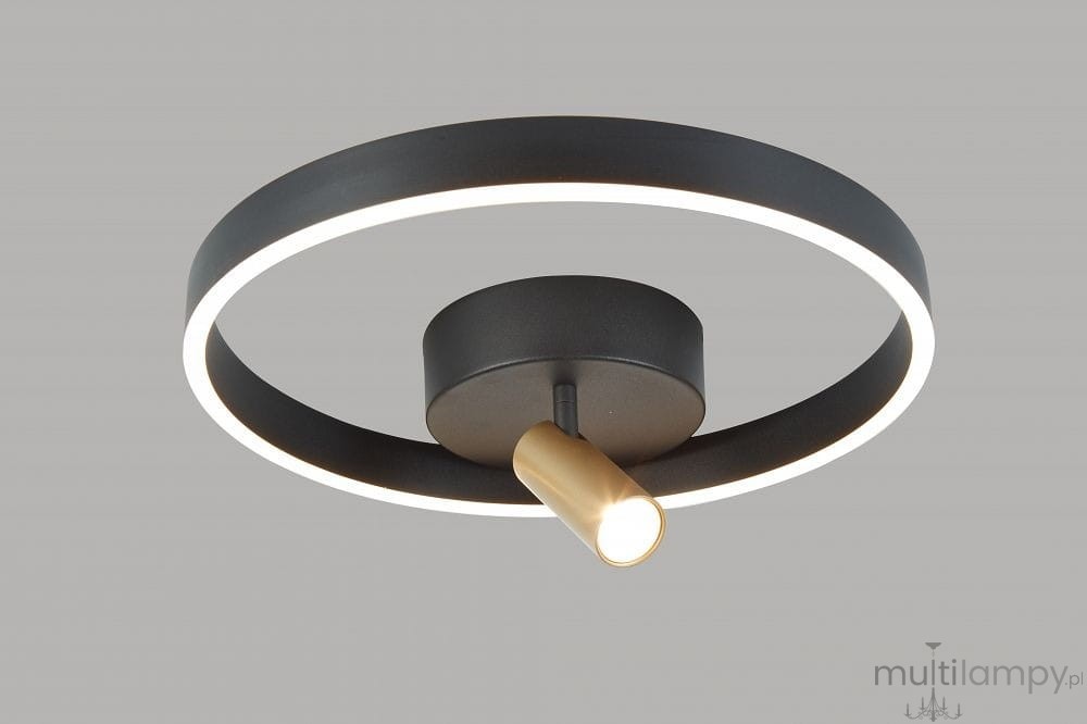 Lampa sufitowa Pignano 2xLED/18W w kolorze czarnym z złotym detalem. Okrągła konstrukcja z centralnym źródłem światła, z wbudowanym pierścieniem LED. Ujęcie frontalne, na jednolitym tle.
