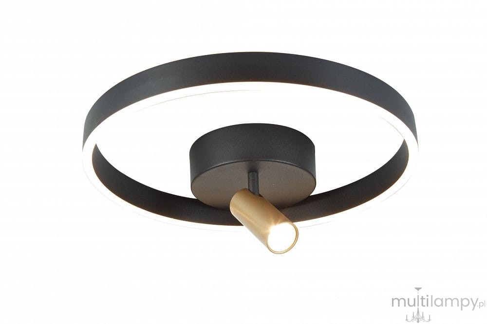 Lampa sufitowa Pignano 2xLED/18W w kolorze czarnym i złotym, okrągła konstrukcja z centralnym źródłem światła w złotej oprawie. Produkt zamontowany jest na suficie, z zewnętrznym pierścieniem emitującym ciepłe światło.