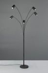 Lampa podłogowa Marley w kolorze czarnym z pięcioma punktami świetlnymi GU10, z elastycznymi ramionami w kształcie łuków. Stojąca na okrągłej podstawie, idealna do nowoczesnych wnętrz. Ujęcie frontalne na jednolitym tle.